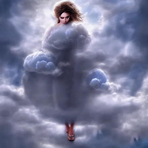 Prompt: goddess wearing a cloud fashion on the clouds, photoshop, colossal, creative, giant, digital art, photo manipulation, clouds, covered in clouds, girl clouds, on clouds, covered by clouds, a plane flying on the sky, digital painting, artstation