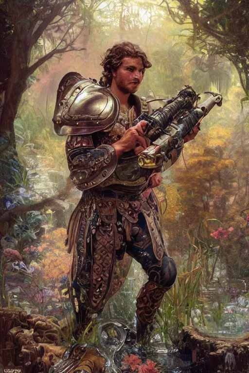 Prompt: portrait of a beautiful man wearing a warrior armor, holding a retro futuristic rifle, drenched body, wet dripping hair, emerging from the water, fantasy, regal, fractal crystal, fractal gems, by stanley artgerm lau, thomas kindkade, alphonse mucha, loish, norman rockwell