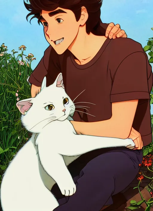 Image similar to teen boy with brown hair and brown eyes, hugging a fluffy white cat, natural lighting, path traced, highly detailed, high quality, cartoon, digital painting, by don bluth and ross tran and studio ghibli and alphonse mucha