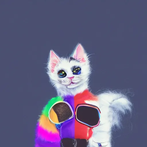 Image similar to wide angle full body, jacket wearing fluffy cute rainbow kitten wearing a black leather motorcycle jacket, riding on a motorcycle, cinematic concept art