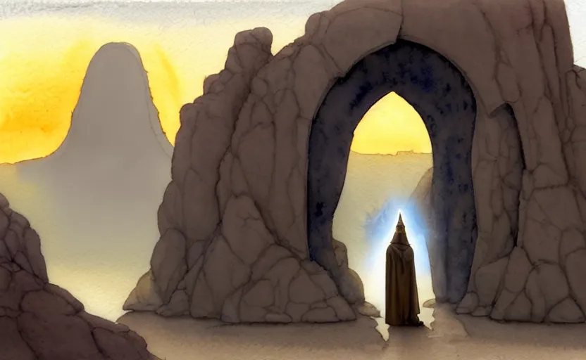 Image similar to a hyperrealist watercolor concept art of a medieval monk in grey robes at sunset day in the desert. a dimensional portal in the shape of a rock arch is in the background and an blue sky is seen through the portal. very muted colors, by rebecca guay, michael kaluta, charles vess. high detail, hq, wide shot, 4 k