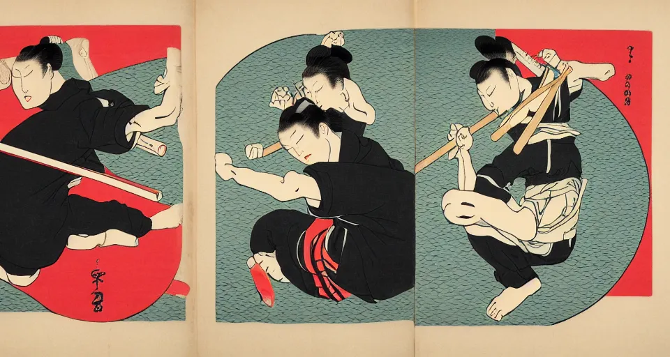 Image similar to Ukiyo-e art of squatting man in black Adidas tracksuit