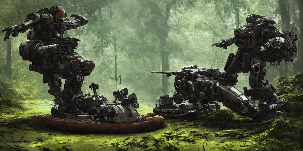 Prompt: an intricate concept art of a military pilot of giant mechanical robot resting in the rainforest, sci - fi film color palette, concept art, environment design, vfx, unreal engine 5, artstation, deviantart, octane render, cinematic, michael bay film inspired