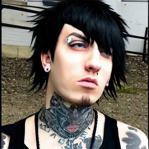 Image similar to anime style trans guy with black shaggy hair and piercings, emo, goth