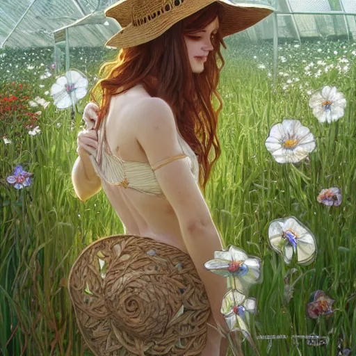 Image similar to slightly rusty robot-gardener in a straw hat, waters flowers, highly detailed, texture, background greenhouse, mild dreamy professional lighting, digital art, smooth, sharp focus, illustration, wide angle shot, full body visible, art by artgerm, by alphonse mucha