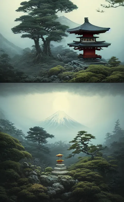 Image similar to japanese style shrine on top of a misty mountain overgrown, hyper realistic, lush gnarly plants, 8 k, denoised, by greg rutkowski, tom bagshaw, james gurney cinematic lighting