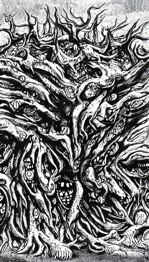 Image similar to a storm vortex made of many demonic eyes and teeth over a forest, by h. p. lovecraft