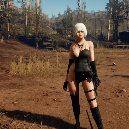 Image similar to Film still of 2B nier automata in Red Dead Redemption 2 (2018 video game), medium full shot, detailed skin and thick thighs, artstation, artstation hq, hd, 4k