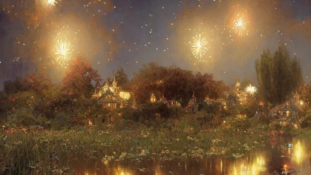 Prompt: a beautiful painting of the shire during a fireworks festival, at night with a sky full of stars and fireworks, intricate, elegant, highly detailed, digital painting, artstation, concept art, by krenz cushart and artem demura and alphonse mucha