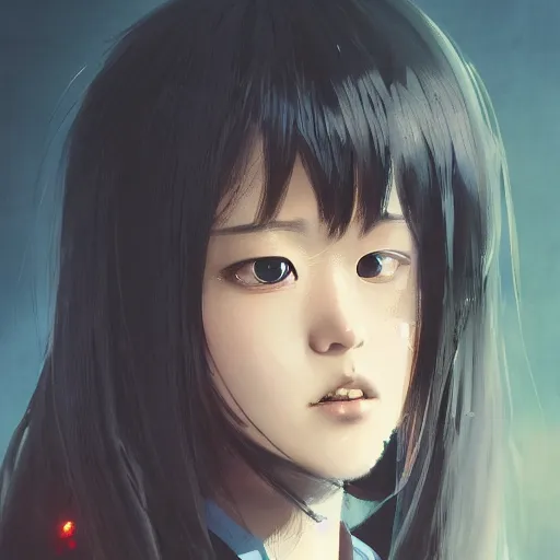 Image similar to portrait of a korean schoolgirl with long hair and bangs, angular features, an angry expression, dramatic lighting, anime illustration by Greg rutkowski, yoji shinkawa, 4k, digital art, concept art, trending on artstation, アニメ, featured on pixiv