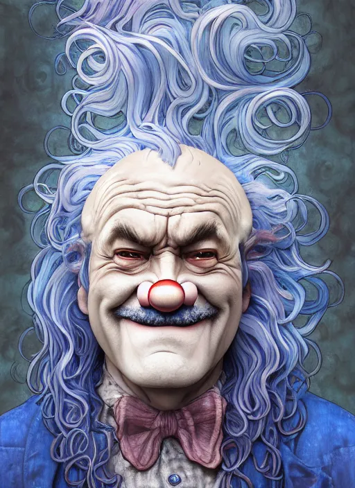 Prompt: wrinkled old clown with curly shiny shimmering blue hair, path traced, highly detailed, high quality, digital painting, by studio ghibli and alphonse mucha, leesha hannigan, hidari, disney