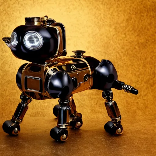 Prompt: steampunk robot dog gold black and rose, shiny golden, studio light, 4 k, highly detailed, black background, light on top