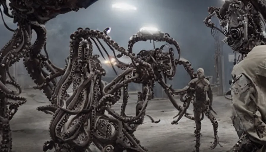 Image similar to big budget movie about an undead soldier fighting a robot octopus