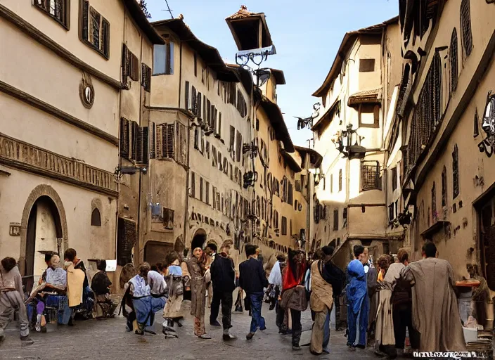 Image similar to street scene from a 2 0 1 0 film set in 1 4 5 0 showing florence italy