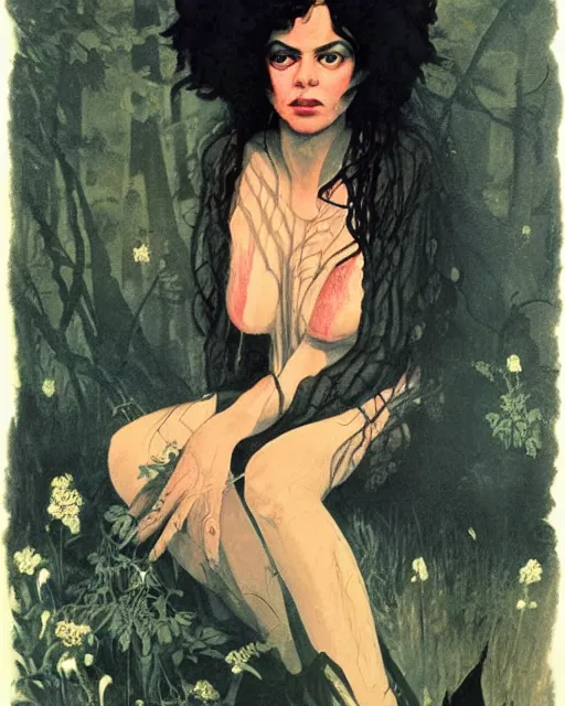 Prompt: a beautiful but sinister ethnically ambiguous woman in layers of fear, with haunted eyes and wild hair, 1 9 7 0 s, seventies, woodland, a little blood, wildflowers, moonlight showing injuries, delicate embellishments, painterly, offset printing technique, by brom, robert henri, walter popp