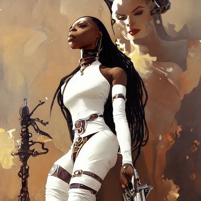 Image similar to african domme mistress, dominatrix full body, dominatrix, tribal, smooth white tight clothes suit, ornate, very beautiful, concept art, realistic painting, androgynous, afrofuturism, cgsociety, digital art by greg rutkowski, by alphonse mucha