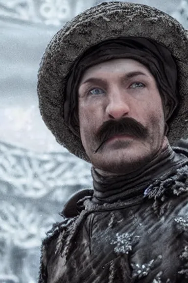 Image similar to very very intricate photorealistic photo of a realistic human version of luigi wearing his hat in an episode of game of thrones, photo is in focus with detailed atmospheric lighting, award - winning details