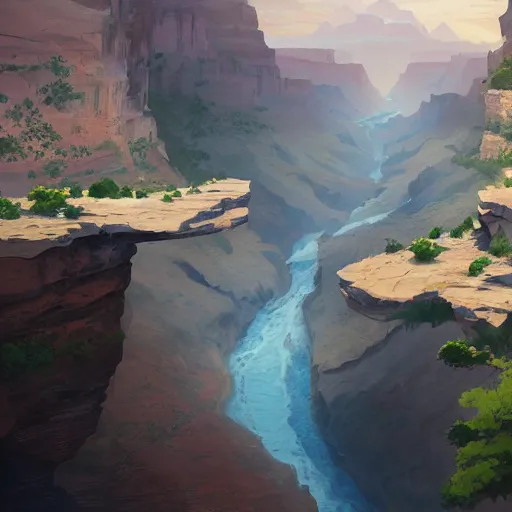 Image similar to concept art painting of a grand canyon filled with water, giant river, with unfinished stone bridge under construction, realistic, detailed, cel shaded, in the style of makoto shinkai and greg rutkowski and james gurney