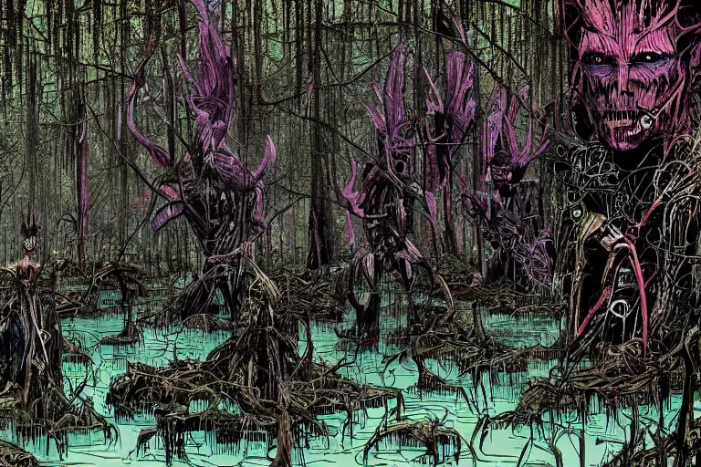 Image similar to scene from louisiana swamps, true detective, artwork by philippe druillet