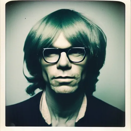 Prompt: Polaroid Portrait of Andy Warhol wearing a long curly brown wig with thin framed glasses, taken in the 1970s, photo taken on a 1970s polaroid camera, grainy, real life, hyperrealistic, ultra realistic, realistic, highly detailed, epic, HD quality, 8k resolution, body and headshot, film still, front facing, front view, headshot and bodyshot, detailed face, very detailed face