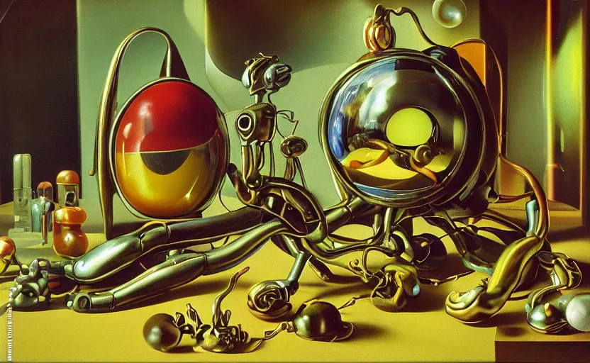 Image similar to strange seductive futuristic robot body, enticing colorful oil painting dutch golden age vanitas still life sparse composition with bulbous objects strange gooey transparent surfaces shiny metal reflections bizarre mutant meat insects rachel ruysch dali todd schorr very detailed perfect composition rule of thirds masterpiece canon 5 0 mm, cinematic lighting, photography, retro, film, kodachrome