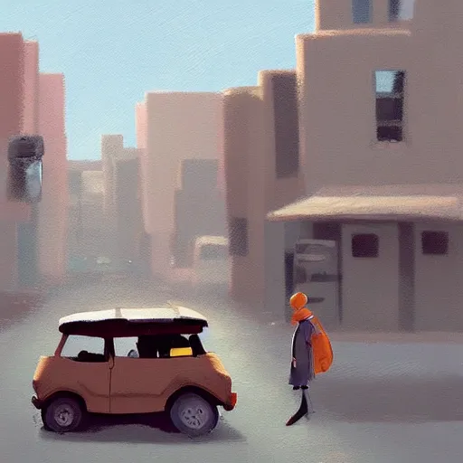 Image similar to goro fujita ilustration off - road car with luggage on a street in a town, painting by goro fujita, sharp focus, highly detailed, artstation