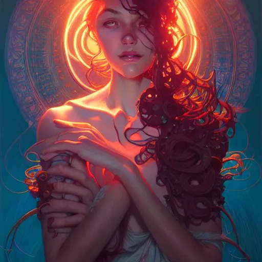 Image similar to Portrait of a polymorphic girl surrounded by glowing nodes, face, fantasy, intricate, elegant, highly detailed, digital painting, artstation, concept art, smooth, sharp focus, illustration, art by Jesper Ejsing and Fernanda Suarez and Artem Demura and alphonse mucha