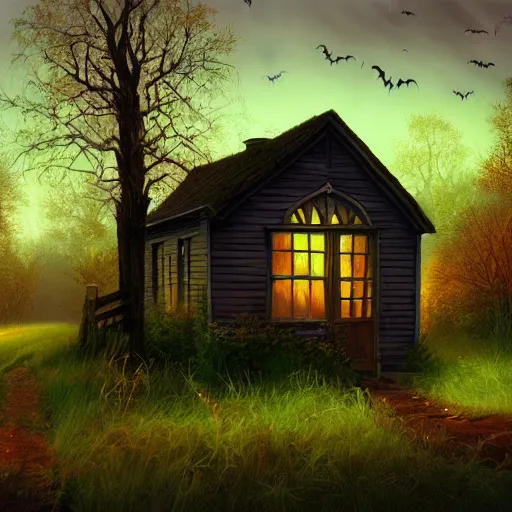 Prompt: cottage inspired by Evgeny Lushpin,overgrown,hunted,spooky, Halloween October, sunset