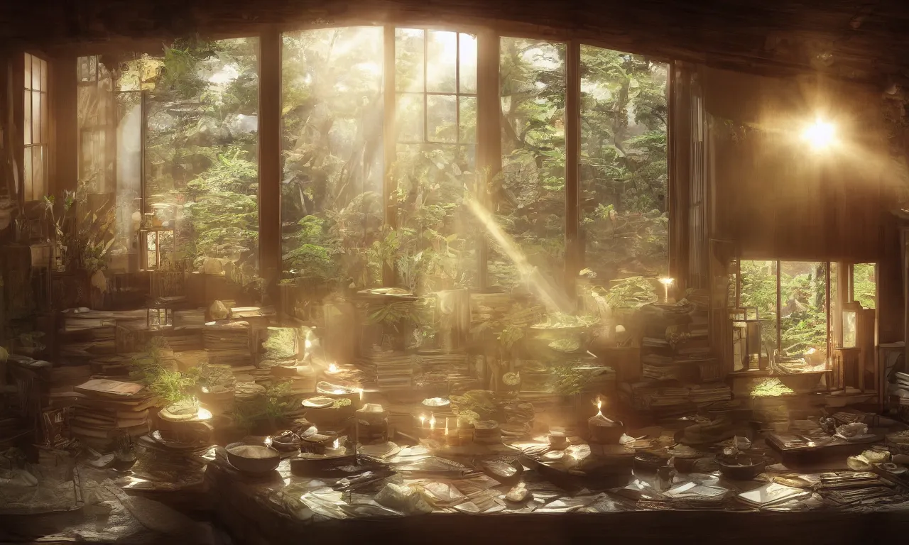 Image similar to interior view of a magical Japanese herbalist cottage, waxy candles, books, wood furnishings, light bloom, dust, ambient occlusion, rays of light coming through windows, trending on artstation