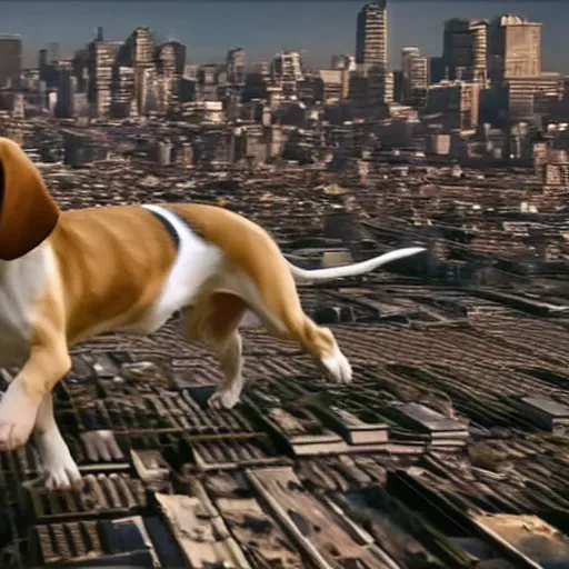 Image similar to gigantic 1 0 0 meters beagle dog attacking a city, epic cinematic, 4 k, very high detail