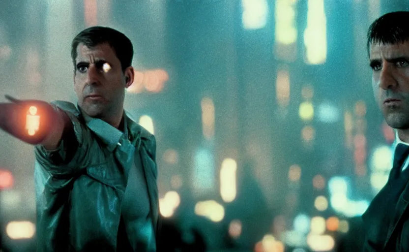 Prompt: a still of cyborg Michael Scott in Blade Runner (1987), cinestill 800t,