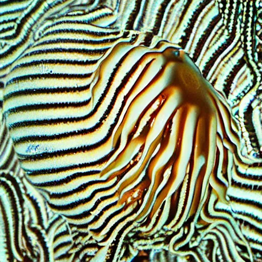 Image similar to A photogram from The First Video of an Extremely Rare Jellyfish Captures Its Striped Tentacles and Spotted, Pulsing Body, HDR, Hyper detailed