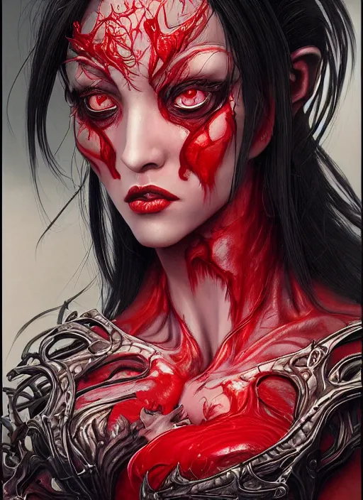 Image similar to a hyper detailed shoulder portrait of black haired girl with red eyes, the queen of blades, sideshow figurines, diablo 4 lilith, by yusuke murata, by hiroya oku, by dorian cleavenger, by tom bagshaw, by zdzisław beksinski, trending on artstation