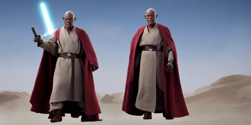 Image similar to obi - wan kenobi disney plus show, old mace windu played by samuel l jackson, standing alone, yoda puppet from 1 9 8 0 cameo, accurate ultra realistic faces, 4 k, movie still, uhd, sharp, detailed, cinematic, render, modern