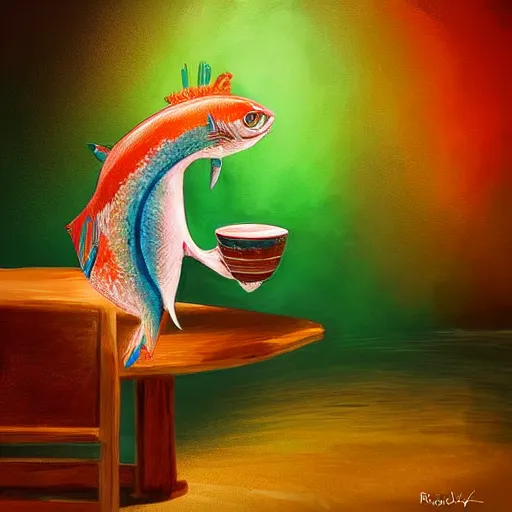 Prompt: a digital painting of a fish drinking a cup of tea, rich vivid colors, ambient lighting, dynamic lightin