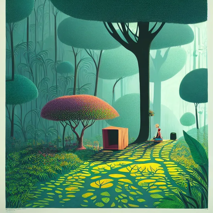 Prompt: ( ( ( gediminas pranckevicius ) ) ), under bo tree in a jungle garden summer morning, very coherent and colorful high contrast art by james gilleard floralpunk screen printing woodblock, dark shadows, pastel color, hard lighting