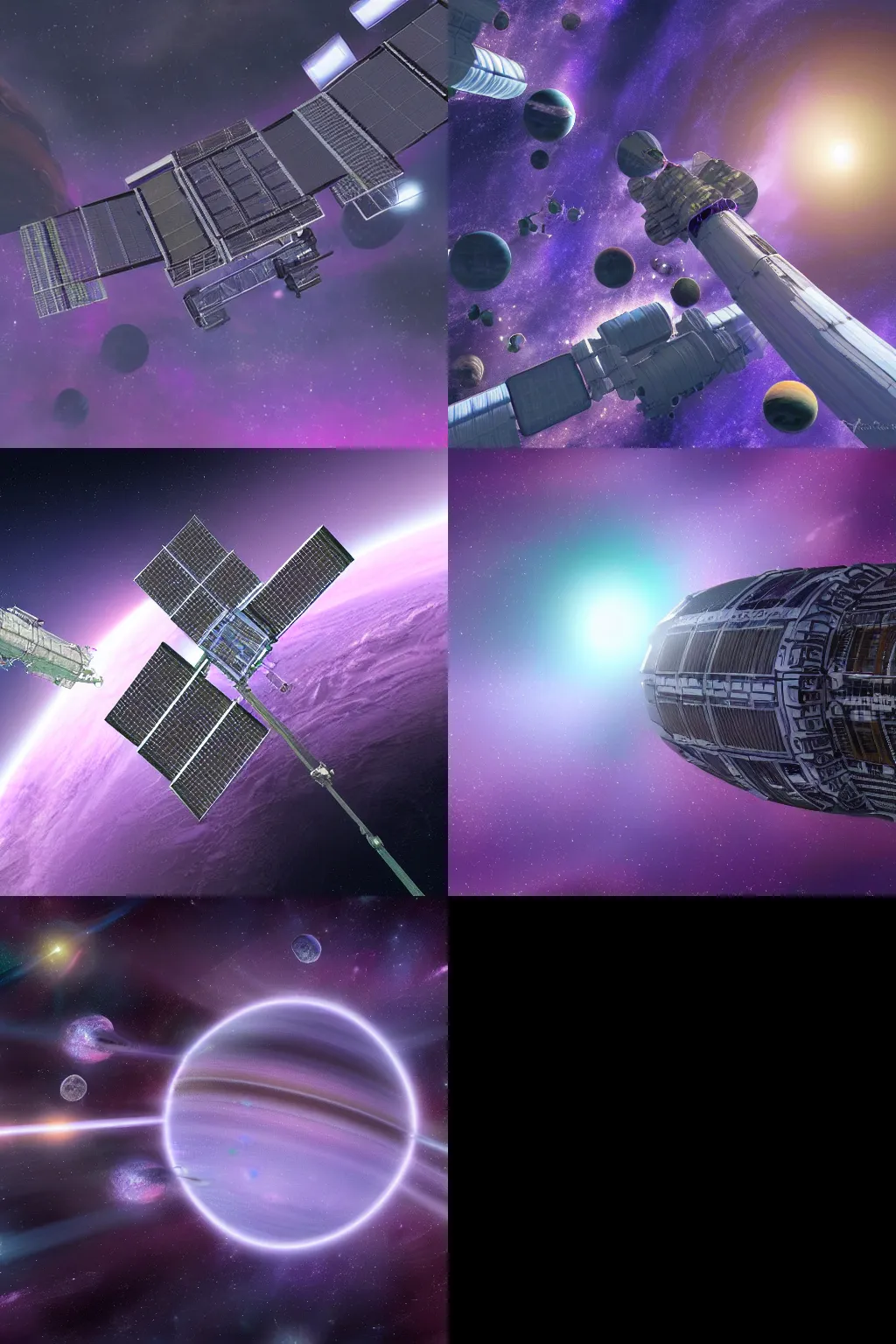 Prompt: digital art of a massive space station near a purple and green planet
