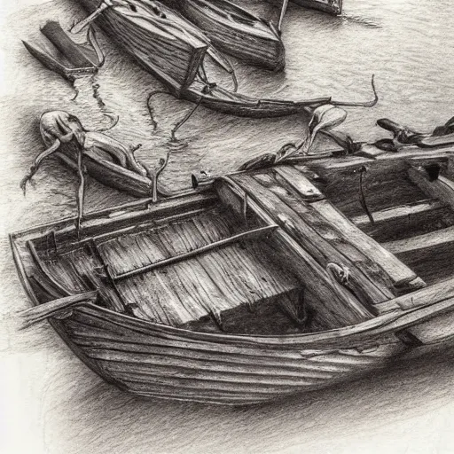 Prompt: close up of skeletons in a boat on a river catching skeleton fish, pencil sketch, realistic shaded, fine details, realistic shaded lighting poster by greg rutkowski