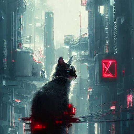 Image similar to cyberpunk white fluffy cat, red symbol, futuristic, brush strokes, oil painting, city background, greg rutkowski