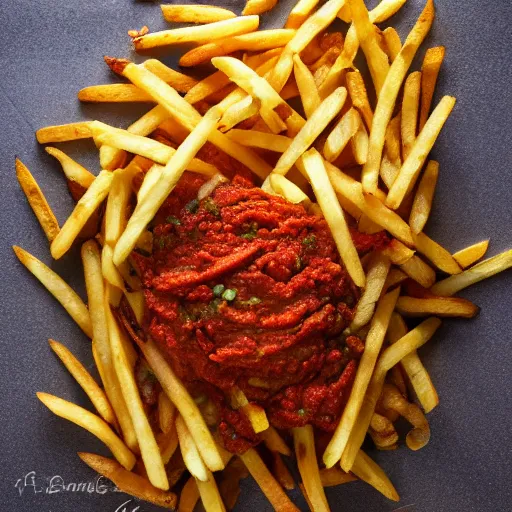 Prompt: french fries pile, steaming, food photography