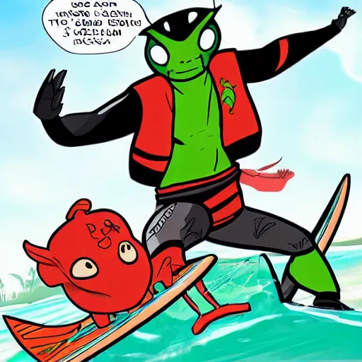 Image similar to a new Ben 10 alien character inspired by capybaras and lobsters who enjoys surfing while eating pizza and wears tacky Hawaiian shirts and socks with sandals, he also says dude a lot