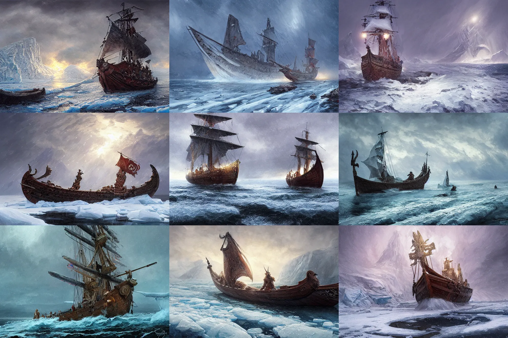 Prompt: viking longship in the arctic ocean, intricate, blizzard, highly detailed, digital painting, concept art, sharp focus, illustration, cold, art by artgerm and greg rutkowski and alphonse mucha