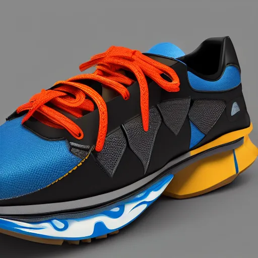 Prompt: Product photo of a new concept sport shoe. Intricate details. Ornamented. Bright colors. Octane render. 8k