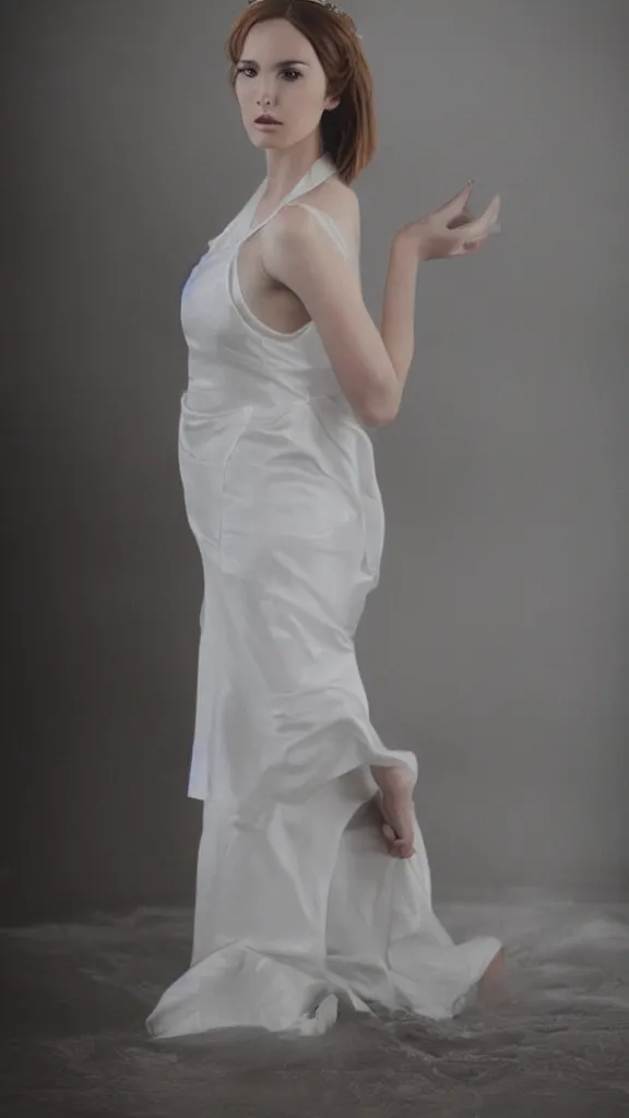 Image similar to studio photo of gorgeous emily skinner cosplaying annie leonhart wearing heels and wearing elegant white dress in a white room looking up, beautiful face, pale skin, rule of thirds, cinematic lighting, rainy weather, melancholy atmosphere, sharp focus, backlit, stunning, smooth, hard focus, full body shot, studio photo, shot on sony a 7 iii, hyper realistic,