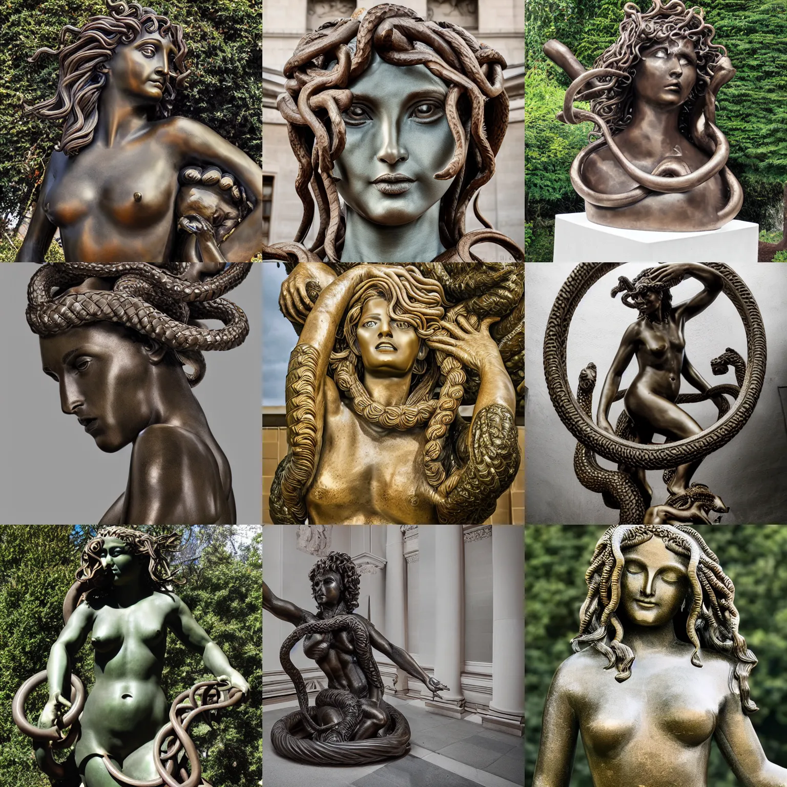 Prompt: giant bronze sculpture of medusa with ouroboros, intricate, professional photography, dramatic