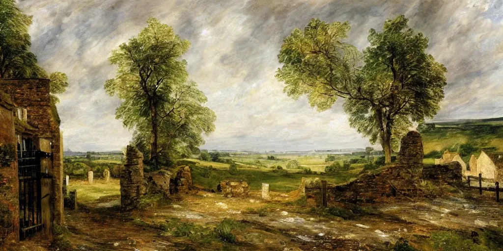 Prompt: a beautiful landscape painting of a quaint english countryside with a stone wall and gate, by john constable, oil on canvas, highly detailed, hd, 4 k