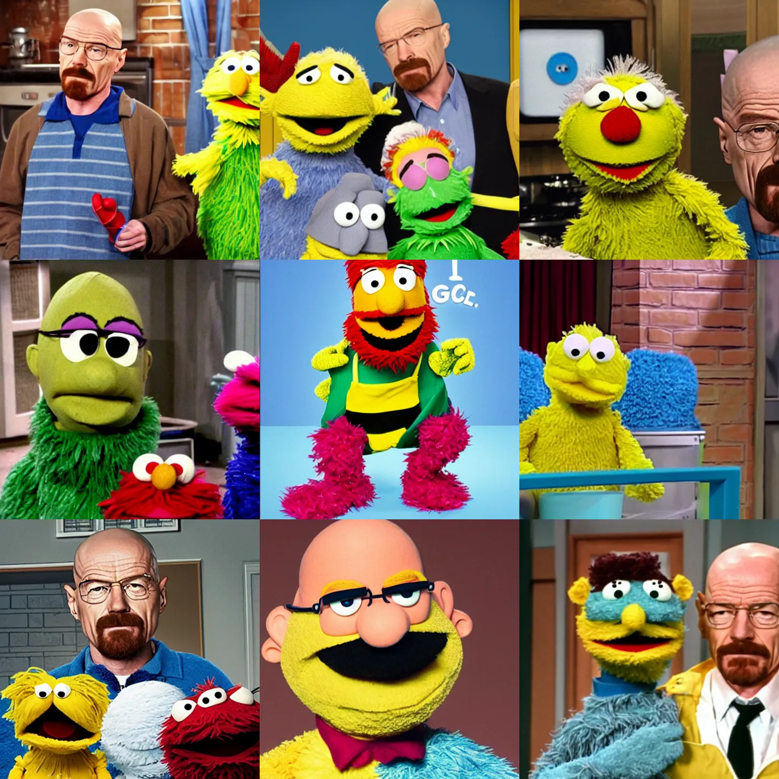 Prompt: Walter White as a guest in Sesame Street