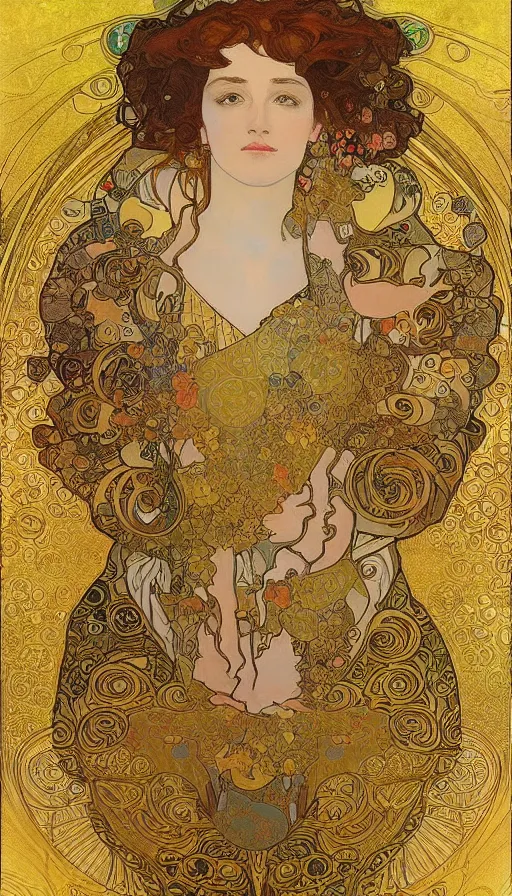 Image similar to a combination of the art styles of Alphonse Mucha and Gustav Klimt, gold leaf with pastel colors