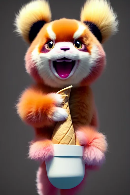 Image similar to high quality 3 d render hyperrealist very cute pastel fluffy! grumpy dragon red panda hybrid eating giant ice cream full body, vray smooth, in the style of detective pikachu, hannah yata charlie immer, dramatic pink light, low angle, uhd 8 k, sharp focus