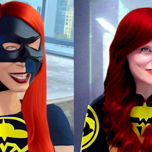 Image similar to Barbara Gordon with her Batgirl mask off gorgeous face and dark red hair with her Superhero outfit half unzipped 8k ultra realistic